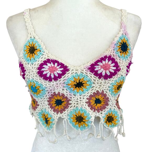 Crochet Top Small White Purple Cropped Boho Hippie Festival Grandmacore Beachy - Picture 1 of 7